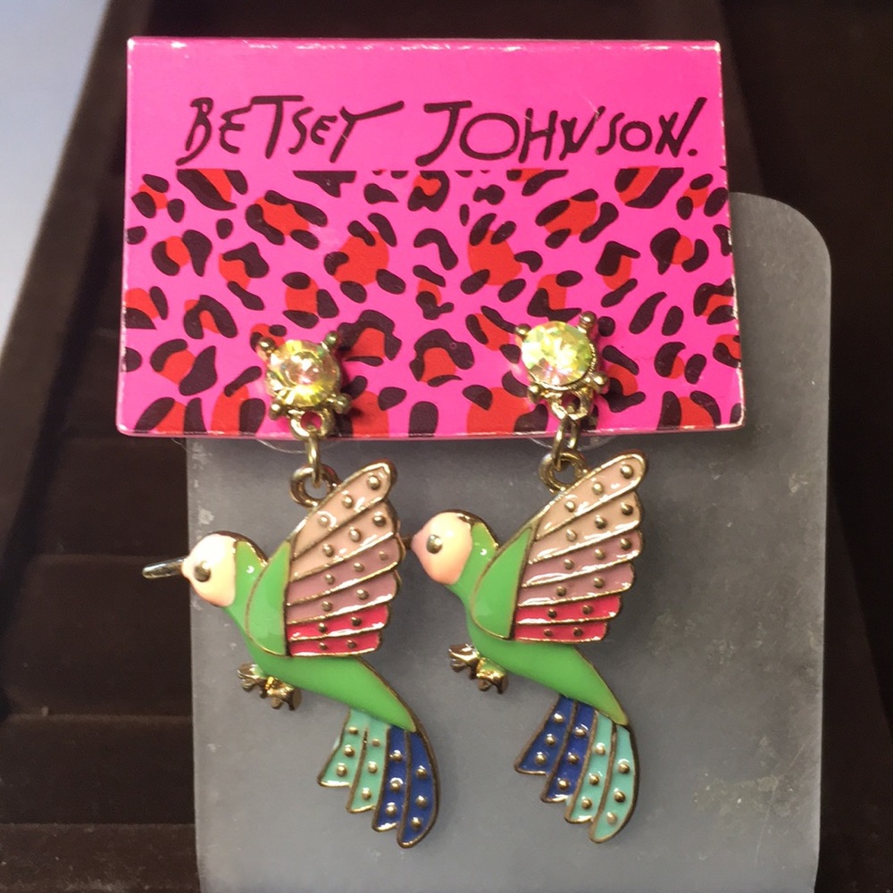 Betsey Johnson green enamel bird with rainbow wings and tail dangle earrings.